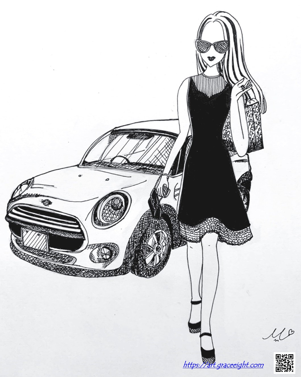 Miジンコさんの手書きイラスト おしゃれな女性と可愛い車 デザインとアート
